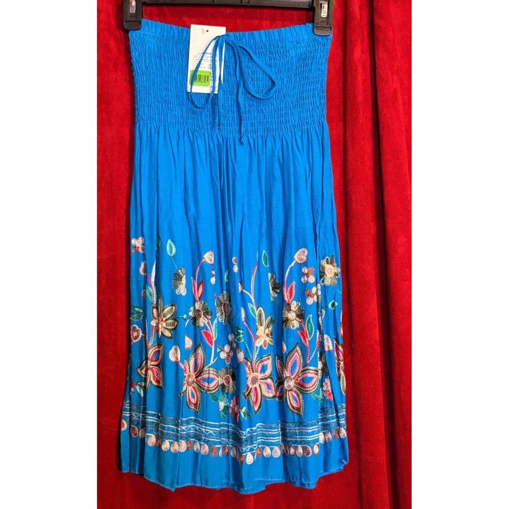 Extra Belleza Smocked Skirt Womens One Size Blue New Floral Embroidered Boho